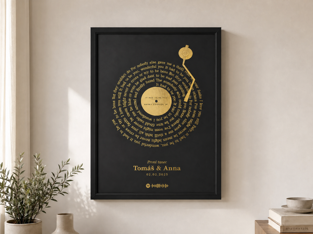 Personalizovaný plakát s textem písně – zlatá a stříbrná fólie | Vinylový motiv
